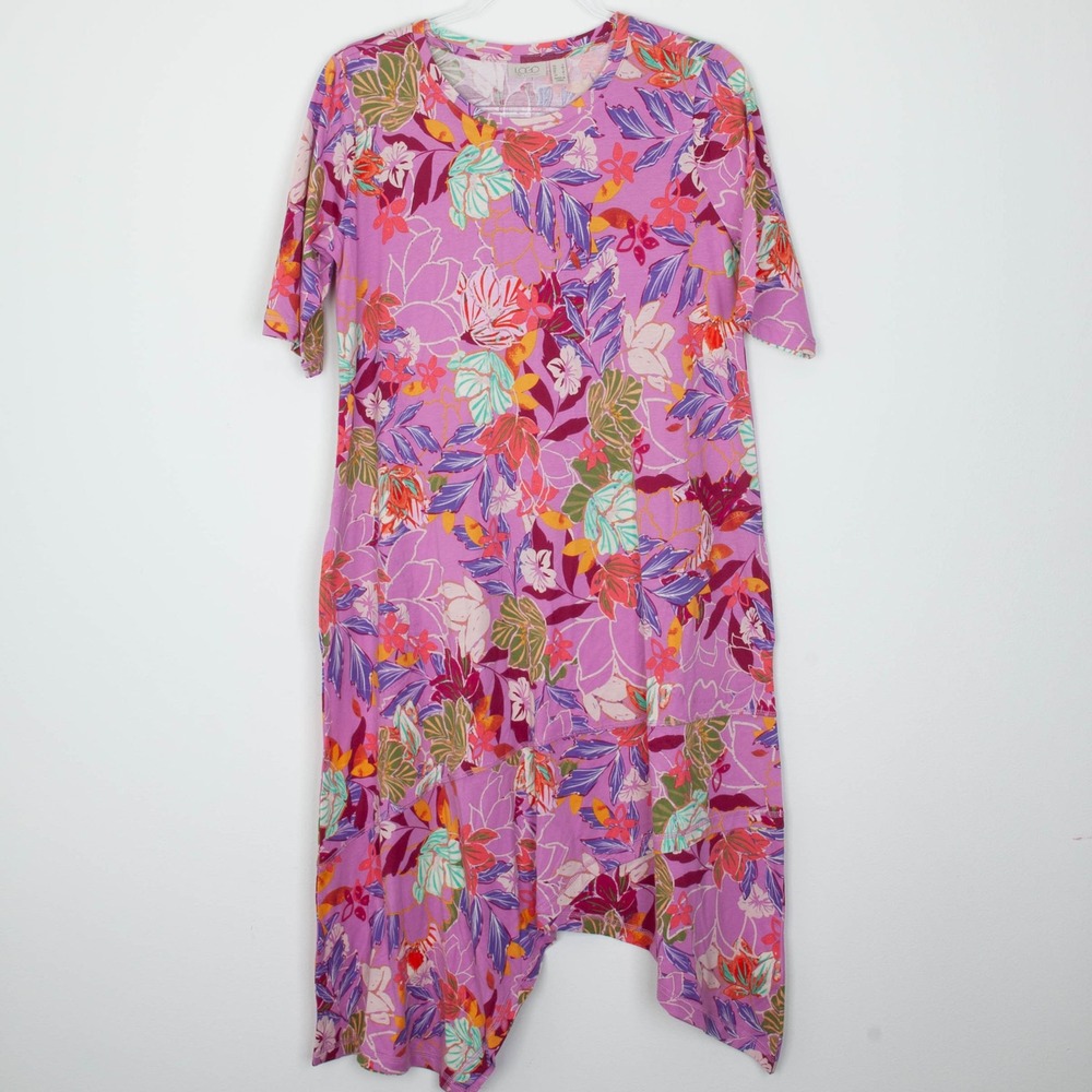 LOGO Lori Goldstein Floral Maxi Dress Shark Bite Hem Size S Pink Lagenlook Artsy